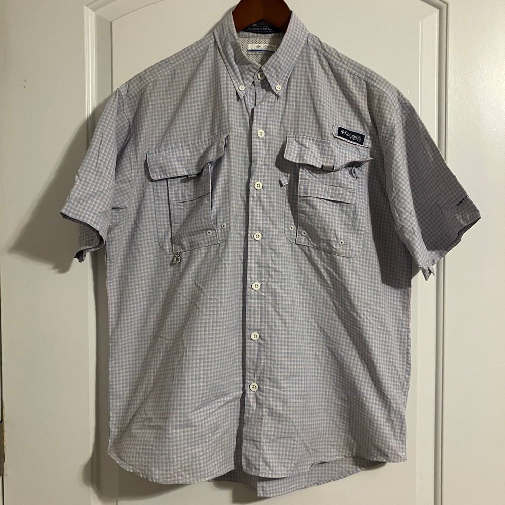 Columbia PFG super bahama short sleeve vented fishing shirt sz S blue/pink plaid